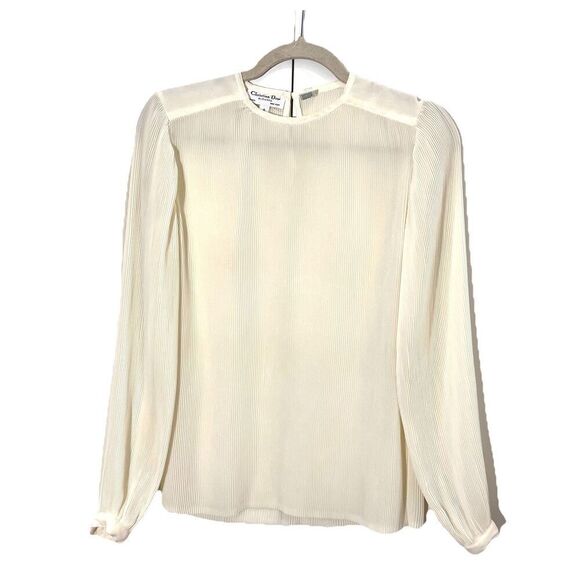 Vintage Christian Dior Blouse Size 4 Micro Pleated Balloon Sleeve Modest Top - Picture 1 of 6